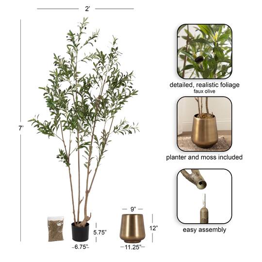 Kate and Laurel 7ft. Green Oliveira Faux Olive Tree in Gold Planter